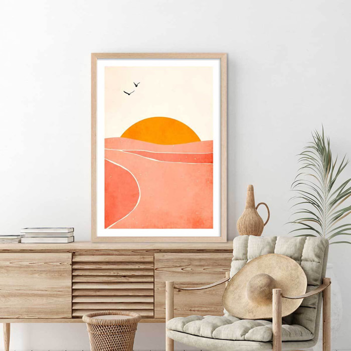 Affiche graphique ""danse avec le soleil"" Affiche + cadre en bois - Chêne
