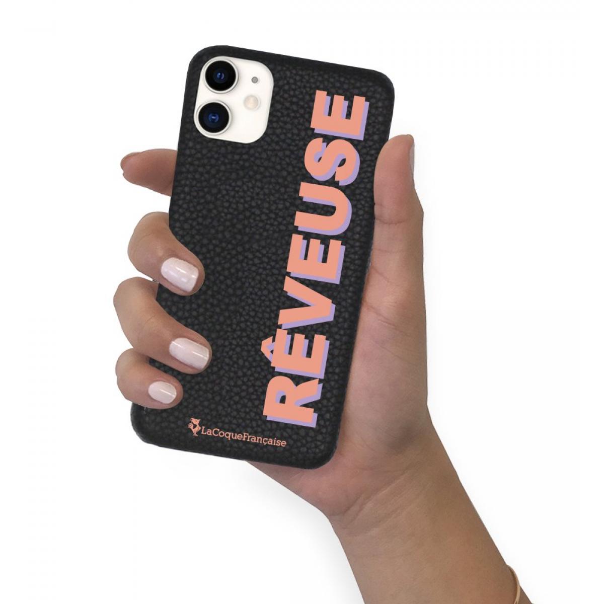 Coque iPhone 11 effet cuir grainé noir Rêveuse corail et parme Design La Coque Francaise