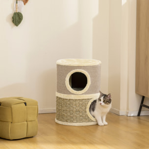 Arbre à chat cylindrique - tour à griffer pour chat - arbre à chat tour - tonneau griffoir - 2 niches + plateforme - sisal corde d'algues beige