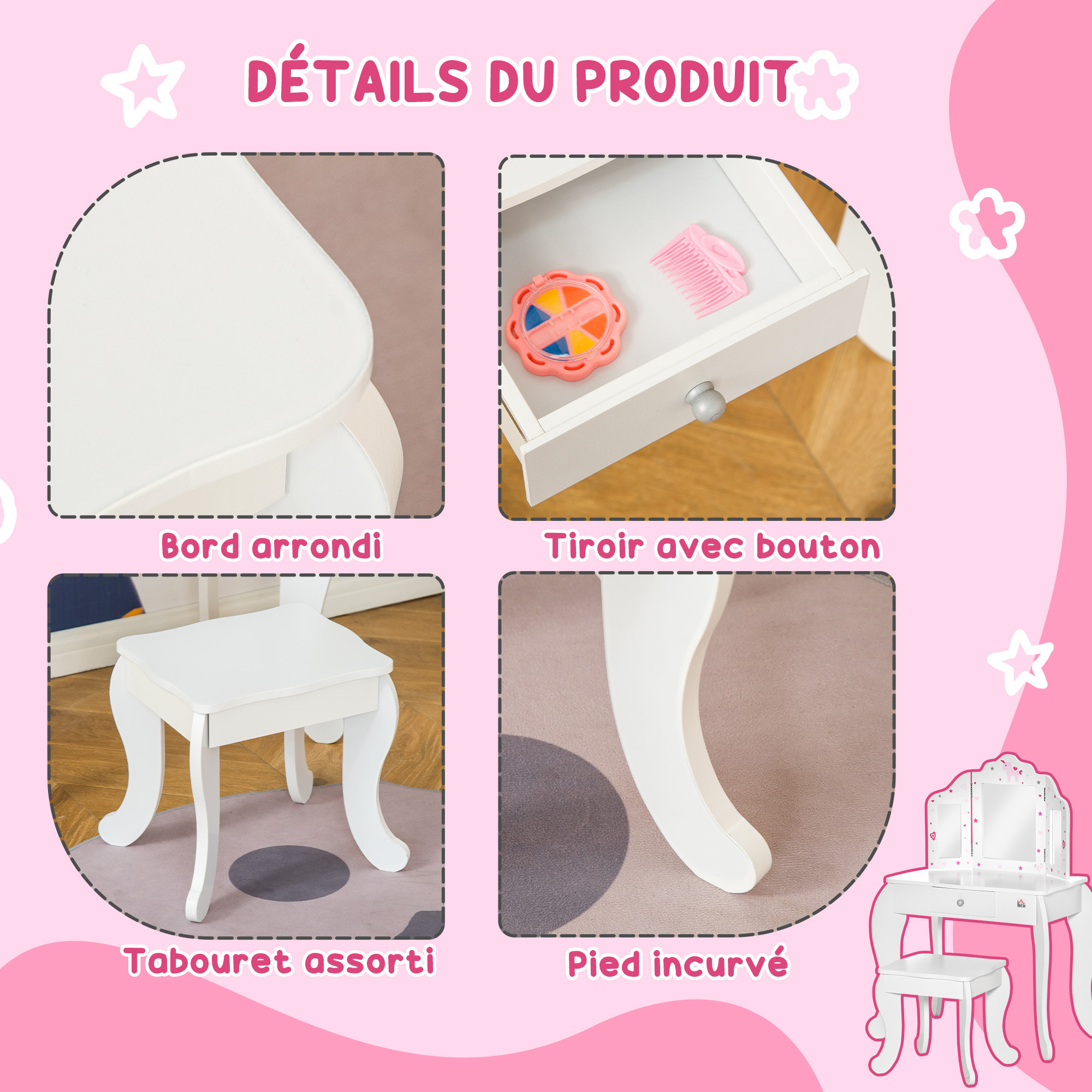 Coiffeuse enfant avec tabouret, miroir triptyque et tiroir coulissant - coiffeuse dim. 63L x 40l x 85,5H cm - MDF blanc, rose
