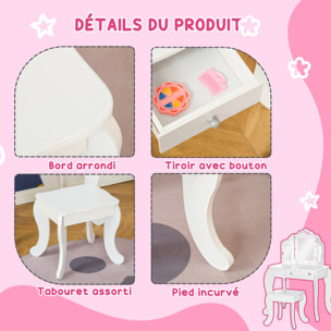 Coiffeuse enfant avec tabouret, miroir triptyque et tiroir coulissant - coiffeuse dim. 63L x 40l x 85,5H cm - MDF blanc, rose