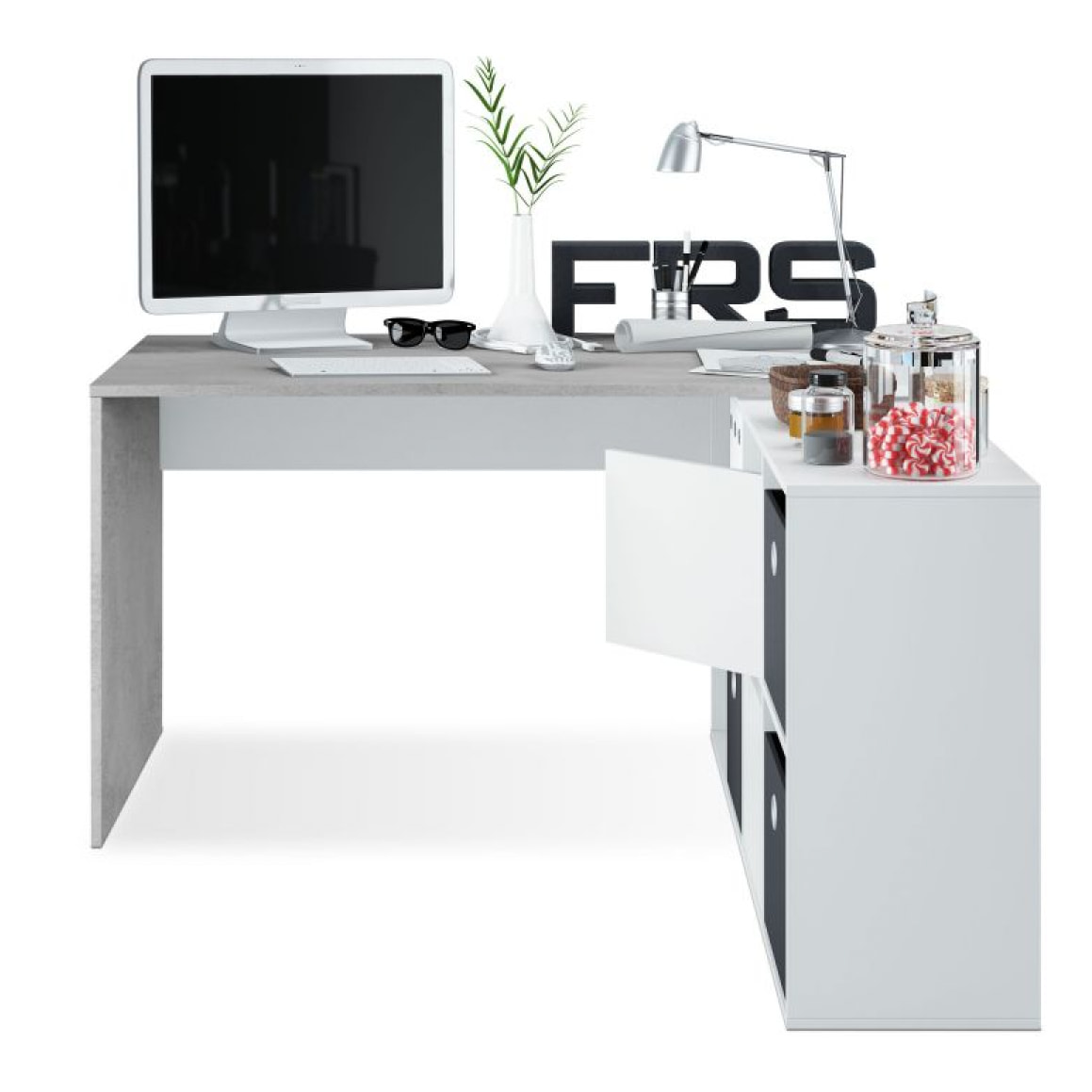 Mesa de escritorio multiposición en blanco mate y gris cemento 136x139 cm Adapta XL Blanco Artik (Blanco Mate) - Gris Cemento