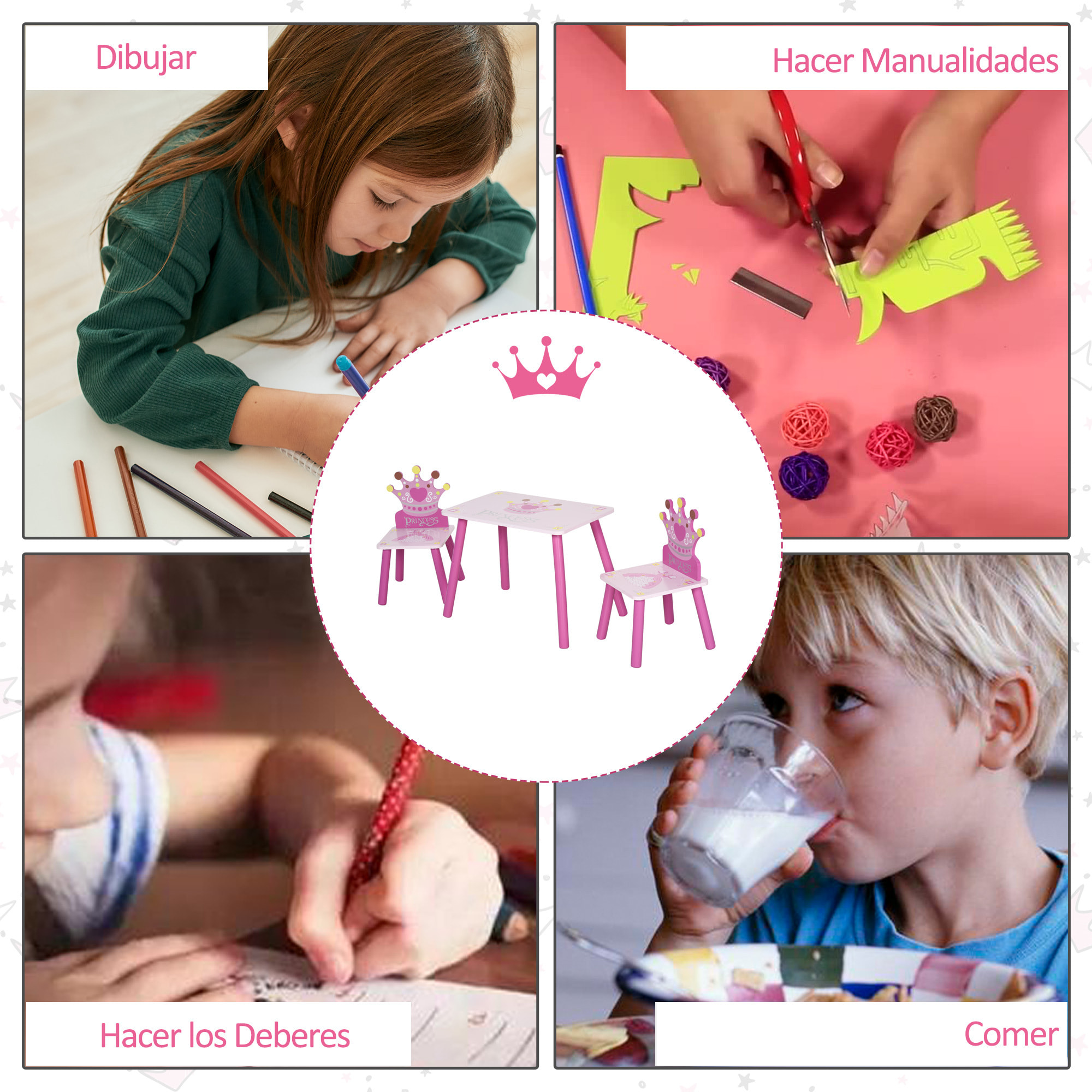 Juego de Mesa y 2 Sillas Infantiles de Madera Set de Mesa 55x34x42 cm Sillas 28x26x50 cm para Niños + 3 Años para Dormitorio Color Rosa