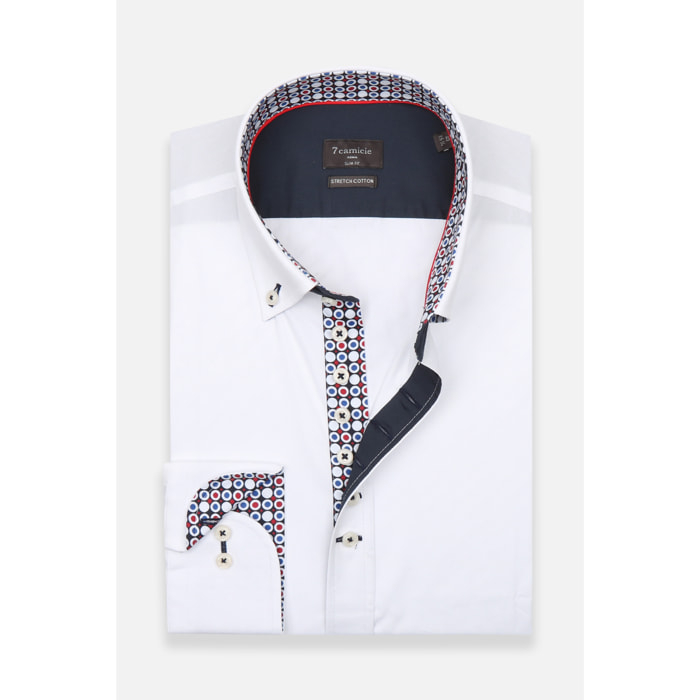 Camicia Uomo 1 Bottoni Button Down Slim Popeline Stretch Unito Bianco