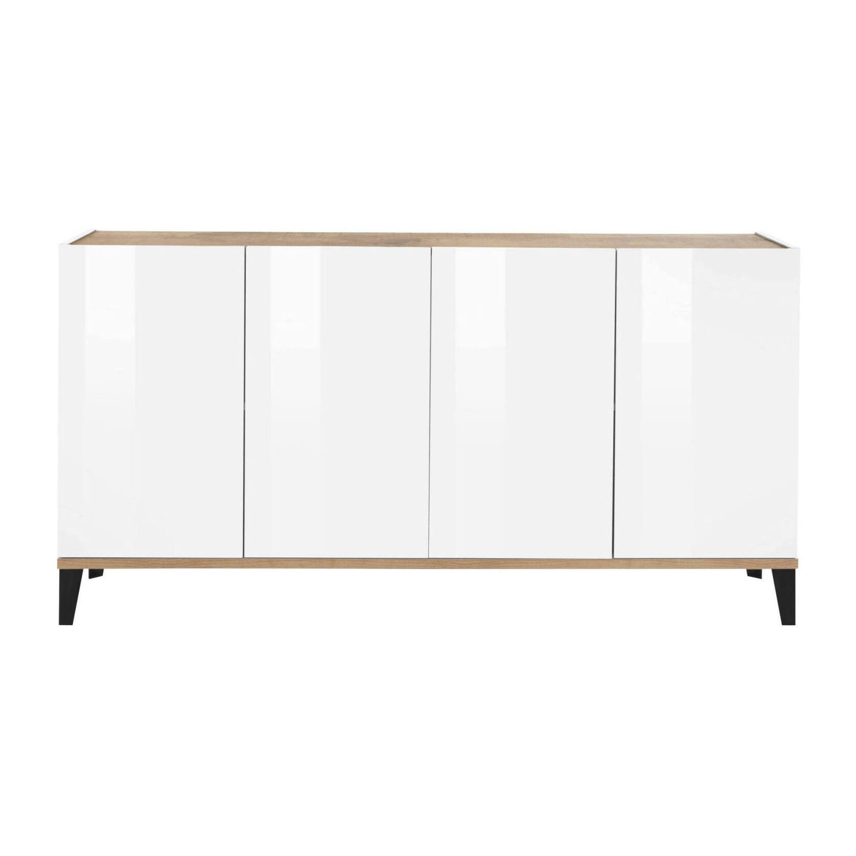 Credenza moderna a 4 ante, Made in Italy, Madia da cucina rialzata, Buffet di design da soggiorno, Cm 160x40h82, Bianco lucido e Acero