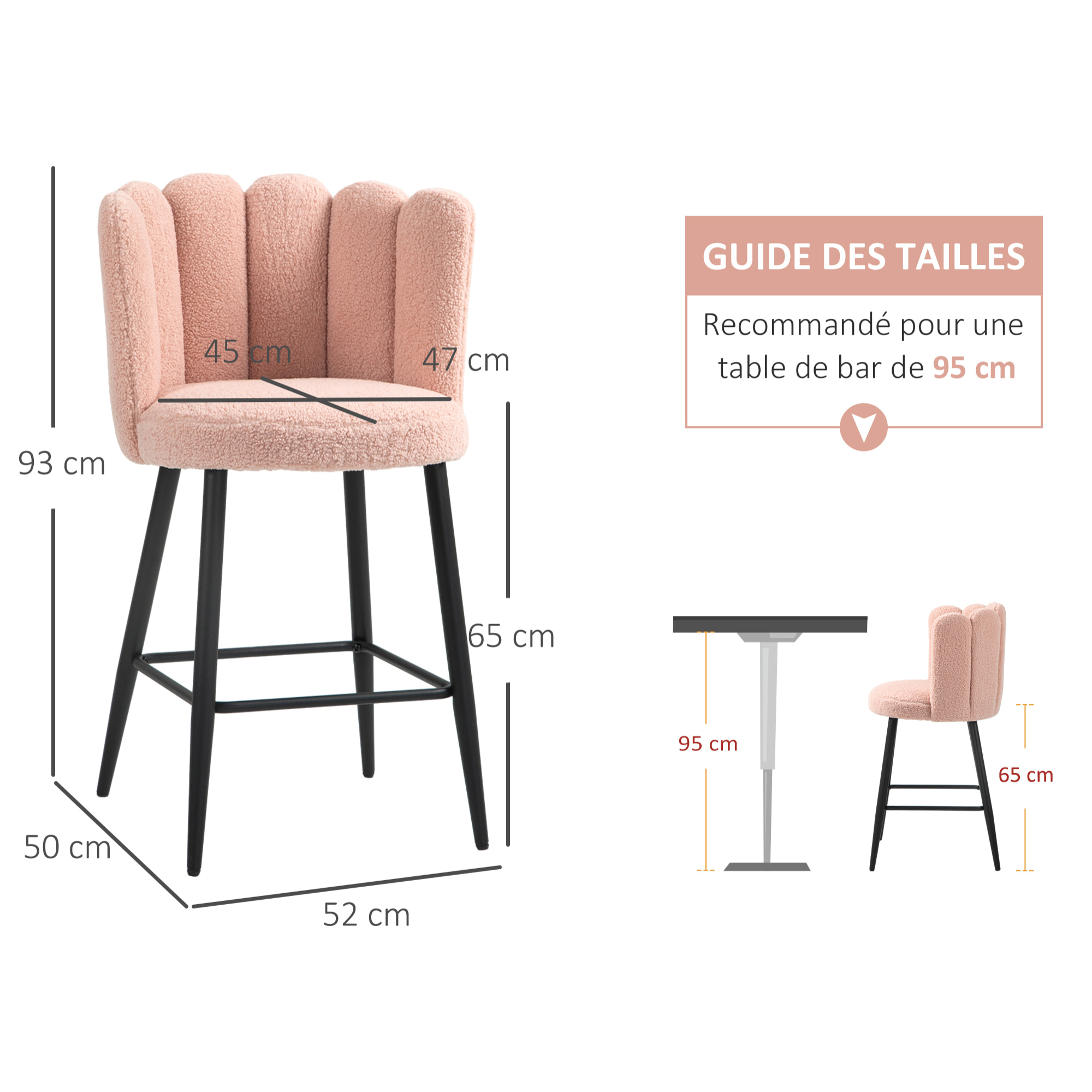 Lot de 2 tabourets de bar design contemporain - repose-pied - acier noir revêtement effet laine bouclée rose poudré