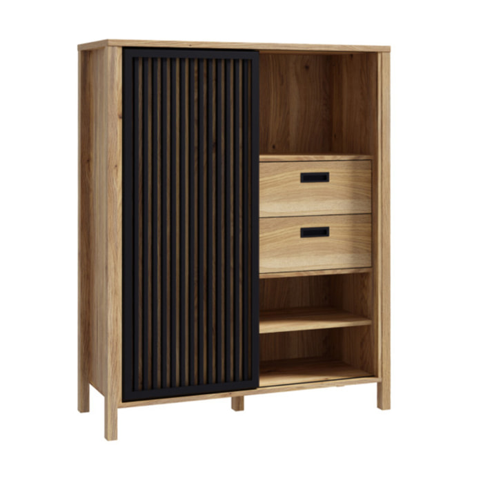 Armoirette L103cm 1 porte 2 tiroirs décor bois chêne et noir - BOSTON