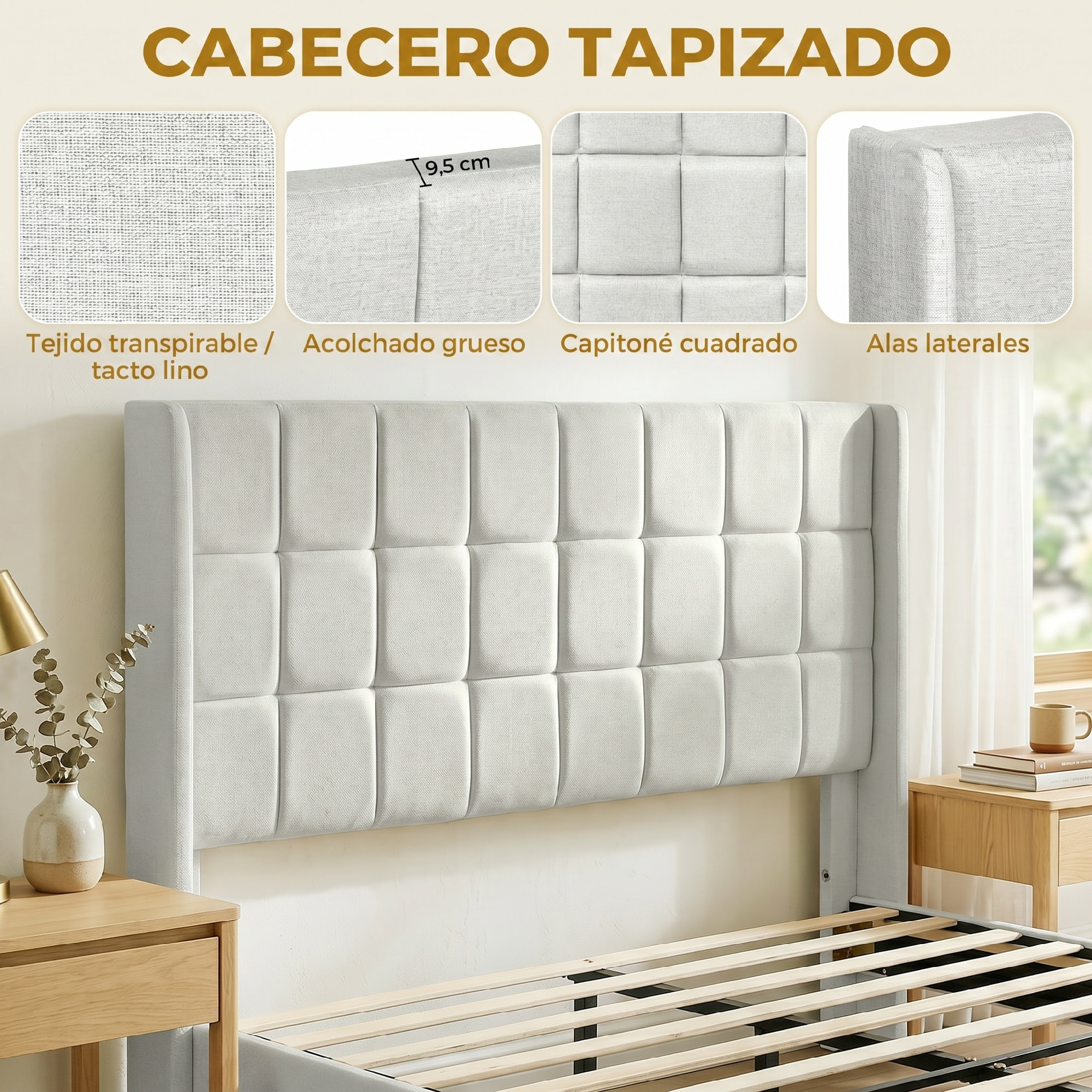Cama Tapizada 135x190 cm con Cabecero Acolchado con Orejas y Almacenaje Inferior, Marco de Cama Doble con Somier de Lamas de Madera, Diseño Moderno, Fácil Montaje, Beige