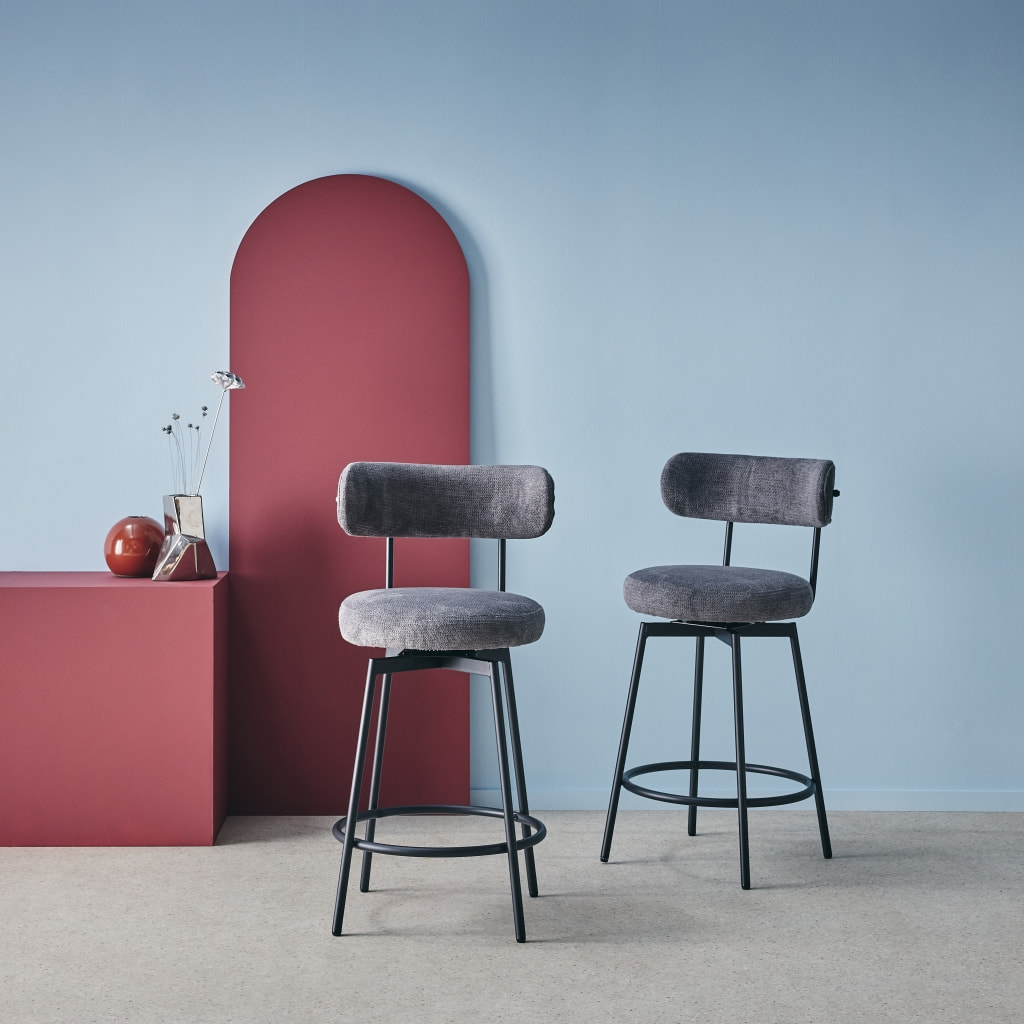 Lot de deux tabourets de bar assise rotative métal noir et tissu gris - L 50 x P 50 x H 92cm - Iris