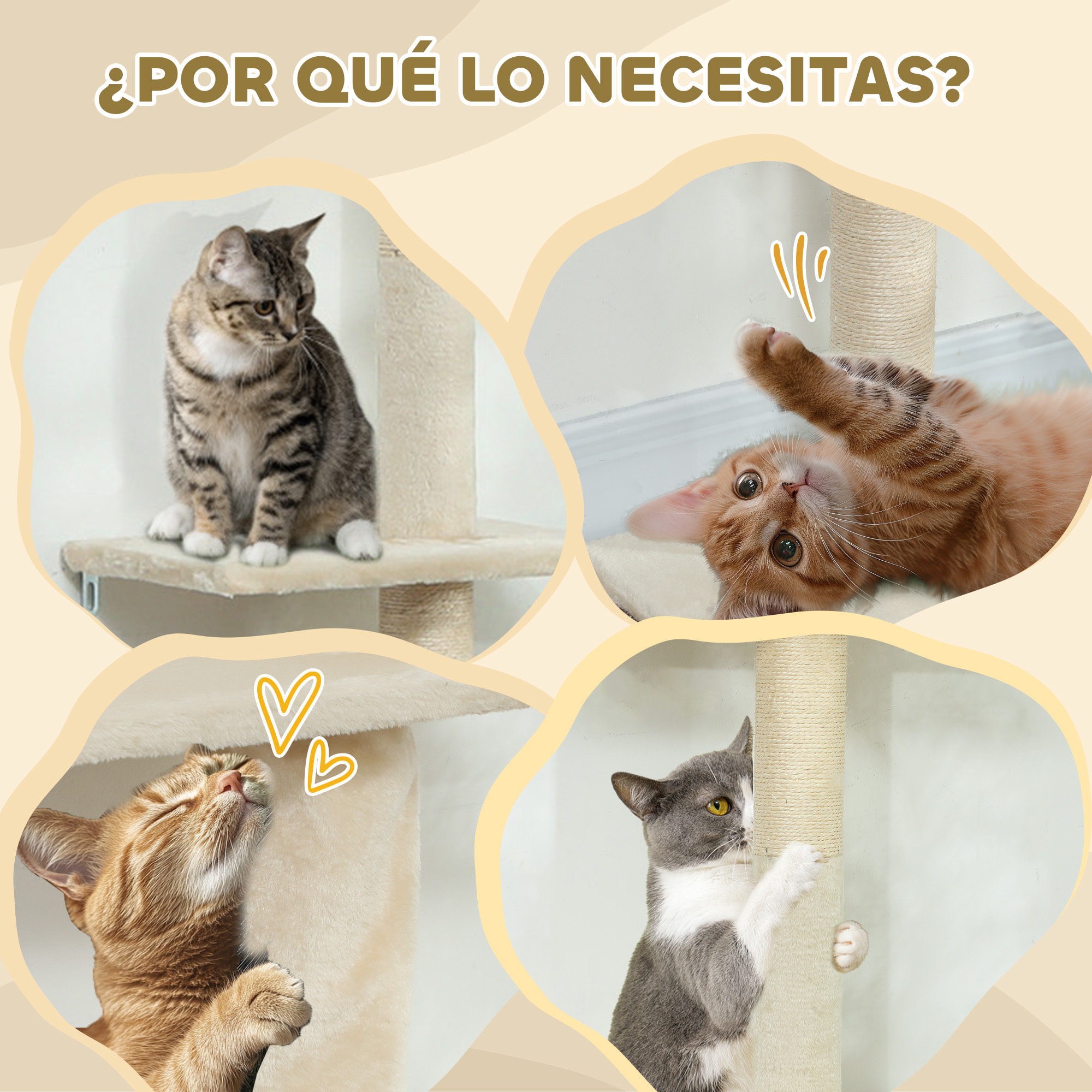 Árbol para Gatos de Suelo a Techo 225-275 cm Árbol Rascador para Gatos Torre para Gatos con Múltiples Plataformas Sistema de Antivuelco Crema