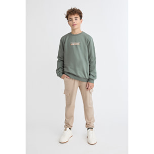 Conjunto niño sudadera verde y beige y pantalón jogger cargo, estampado Soccer y bolsillos laterales | Color: Verde pardo | Street Monkey