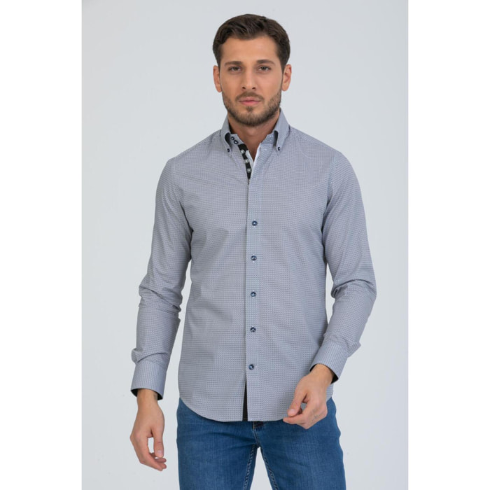 Camicia Uomo 2 Bottoni Button Down Slim Popeline Stampato Bianco/Nero