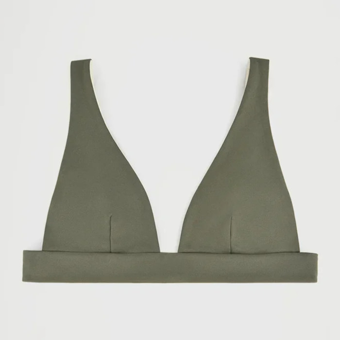 Top de bikini reversible verde musgo y color crudo con logo Polo club