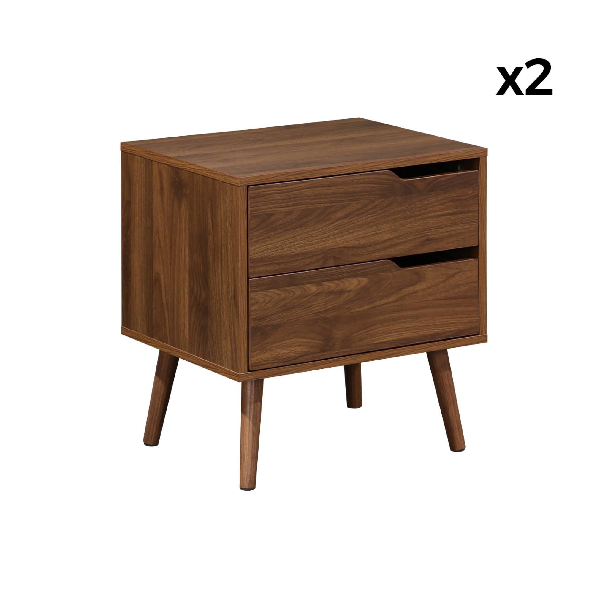 Lot de 2 tables de chevet décor bois teinté noyer. 2 tiroirs. pieds en pin massif