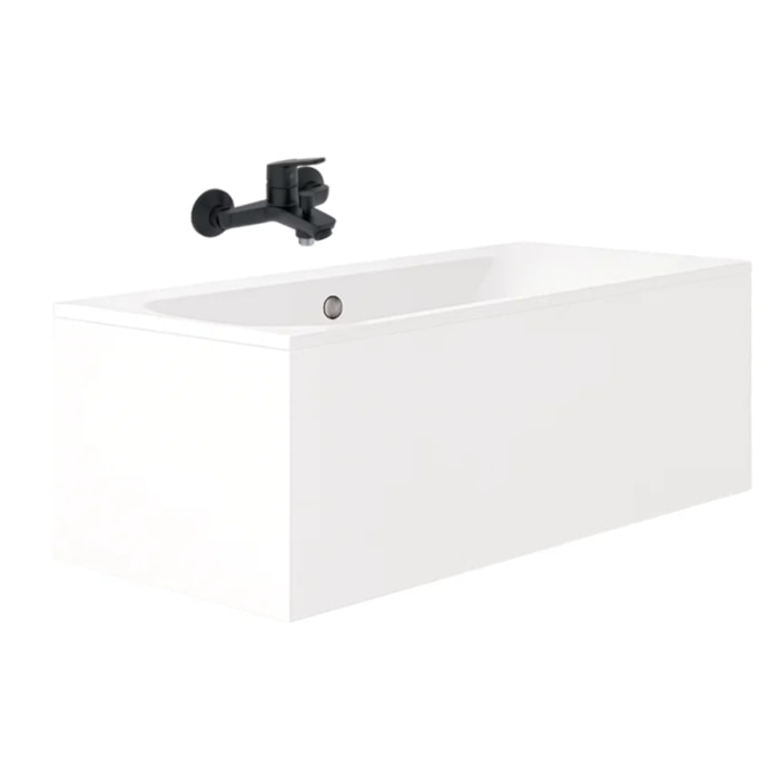 Pack baignoire droite 170 x 75 Elise + tablier en angle + mitigeur bain douche mural Aimé noir + vidage