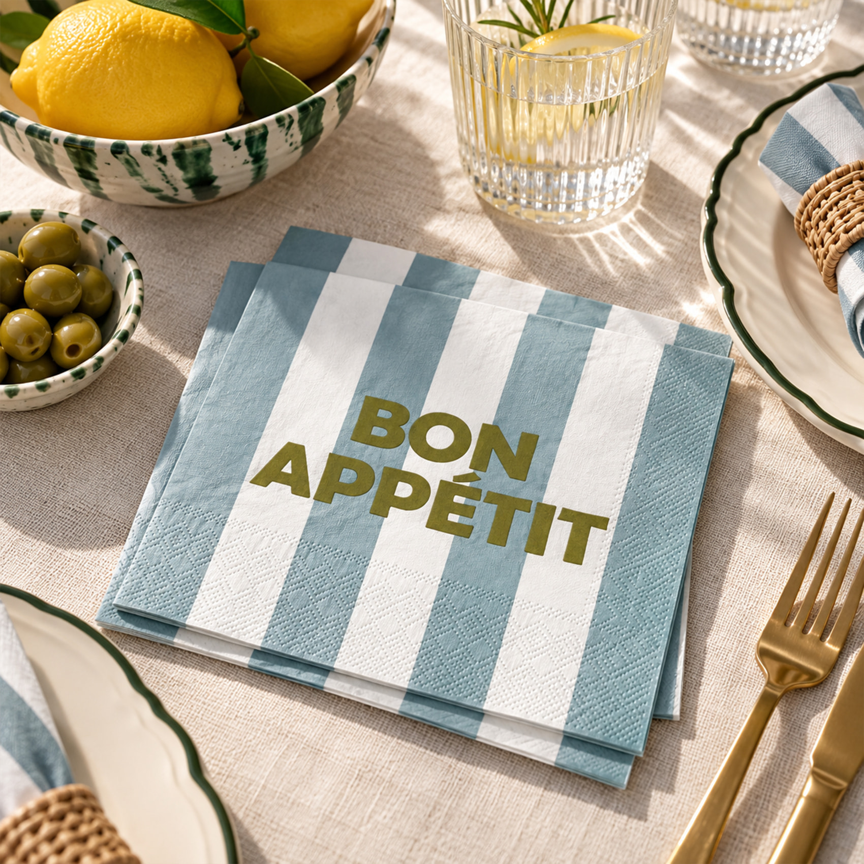 Lot de 20 serviettes en papier motif rayures Bon Appétit - Bleu