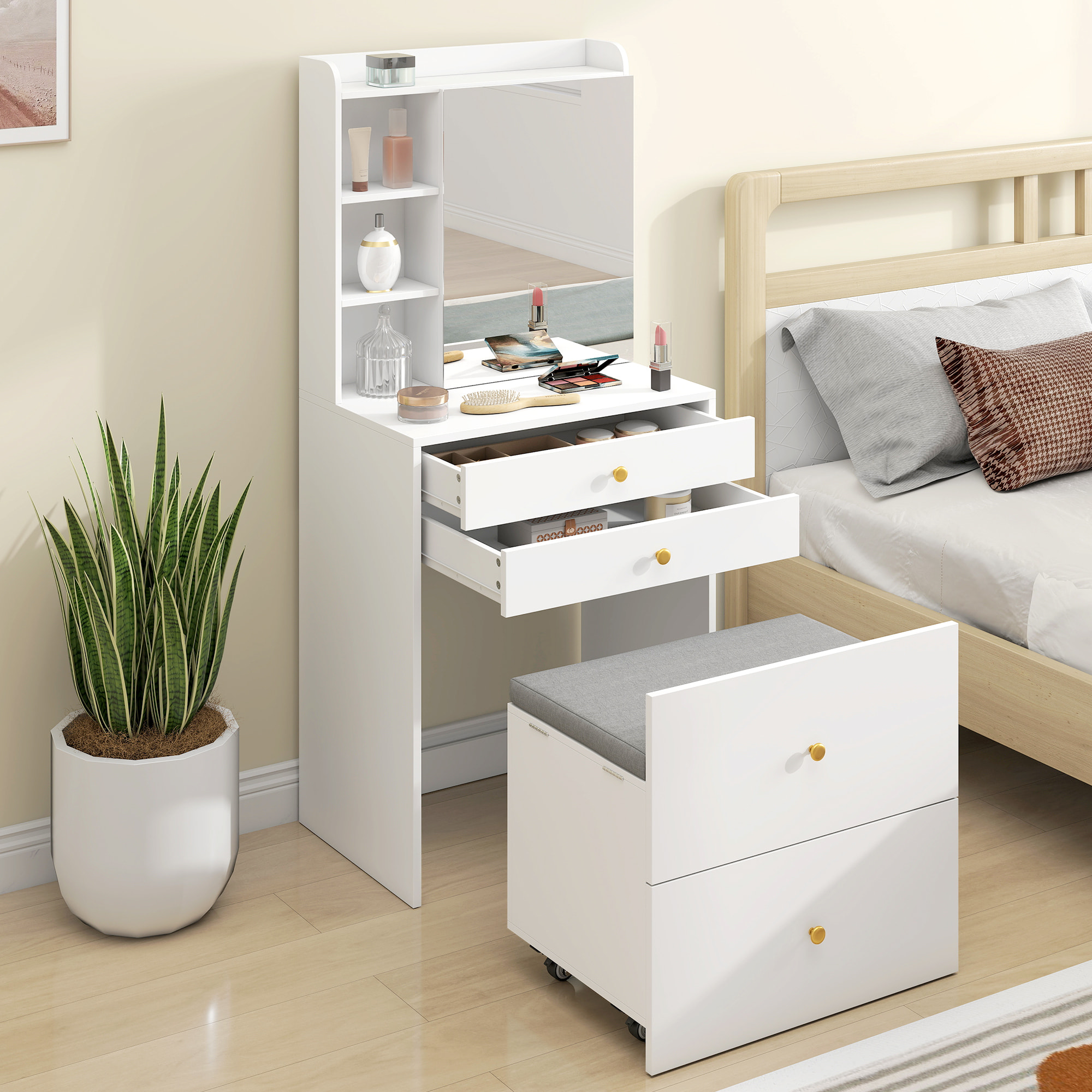 Coiffeuse tabouret encastrable multi-rangement miroir poignées dorées blanc