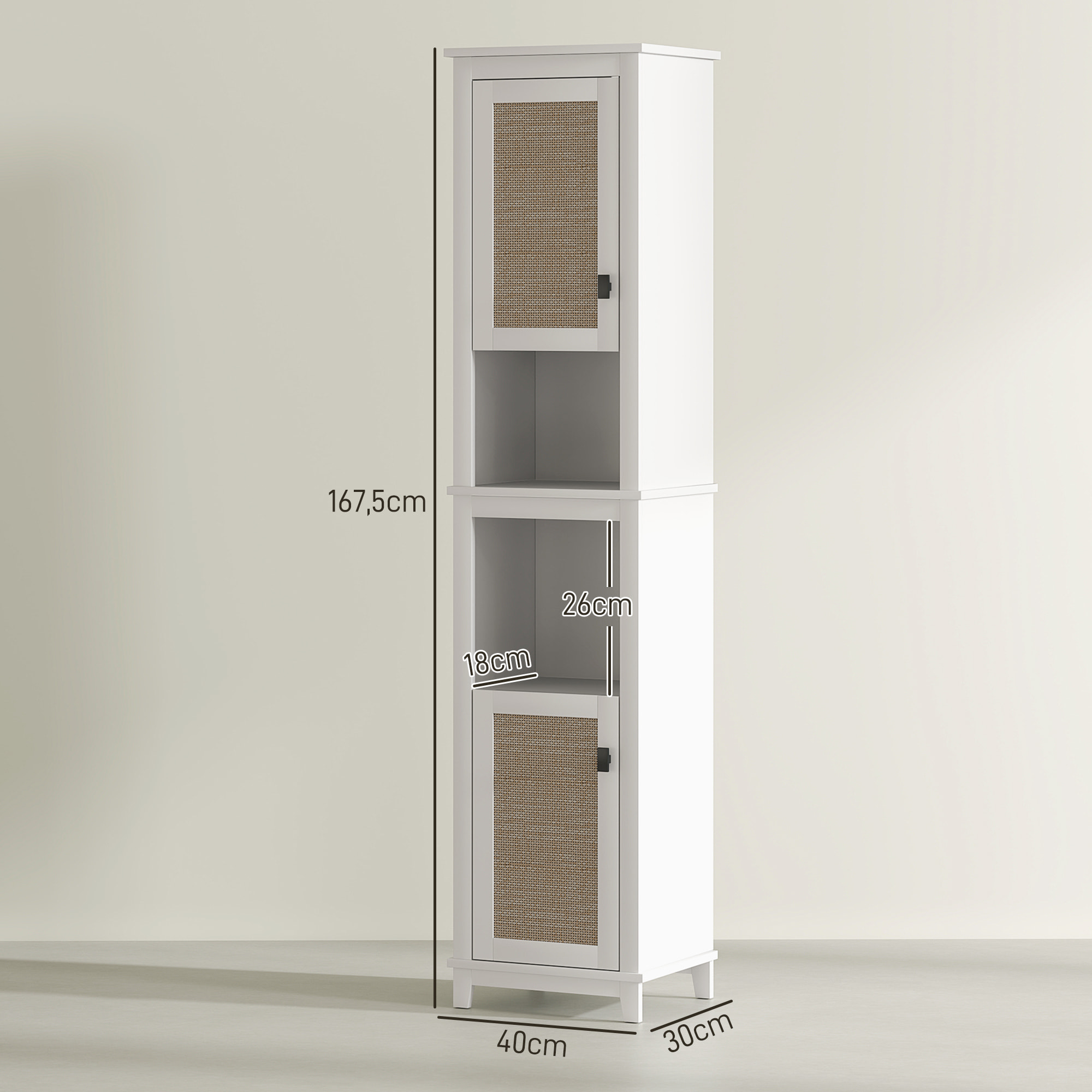 Columna de Baño con 2 Puertas con Frontal de Ratán Armario de Baño Boho con Estantes Ajustables y 2 Compartimentos 40x30x167,5 cm Blanco