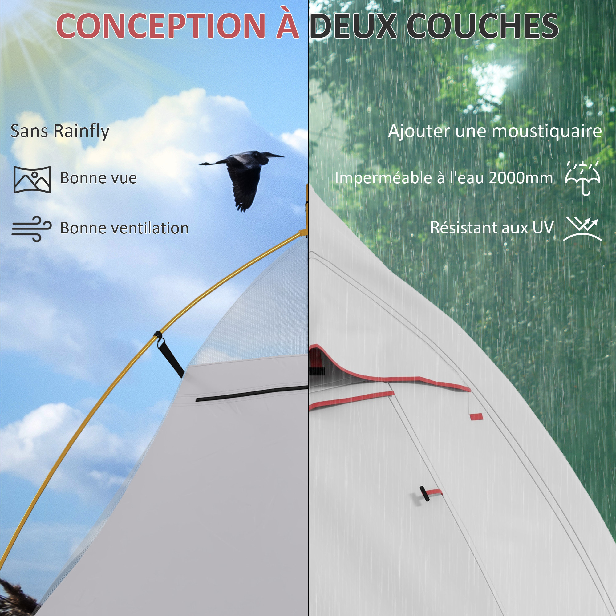 Tente de camping 1-2 pers. double toit étanche 2000 mm sac de transport gris