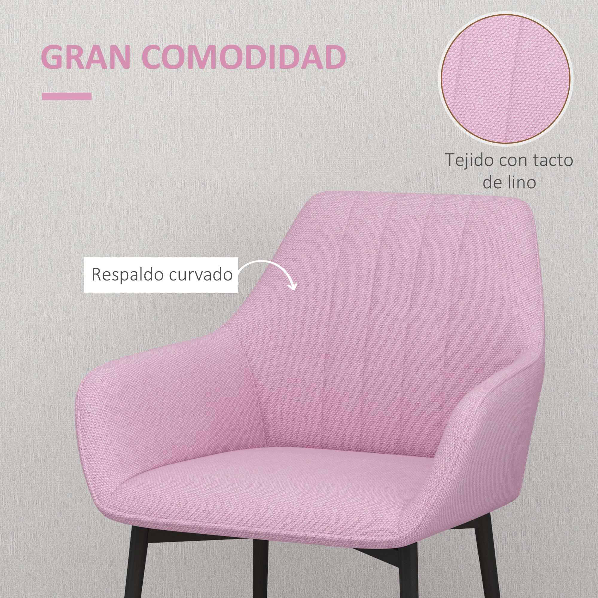 Pack de 2 Sillas de Comedor Sillas Decorativas Tapizadas en Lino Sillas de Cocina con Respaldo Reposabrazos y Patas de Metal para Salón 59,5x56,5x81 cm Rosa