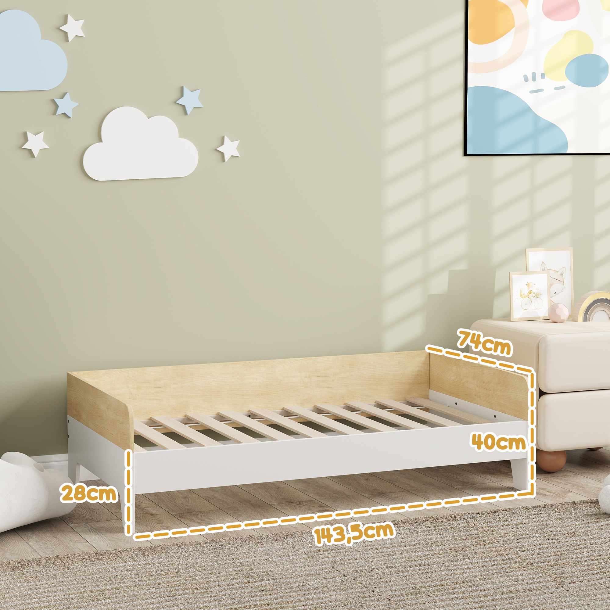 Cama para Niños de +3 Años 140x70 cm Cama Infantil de Madera Carga 80 kg para Dormitorio Blanco y Natural