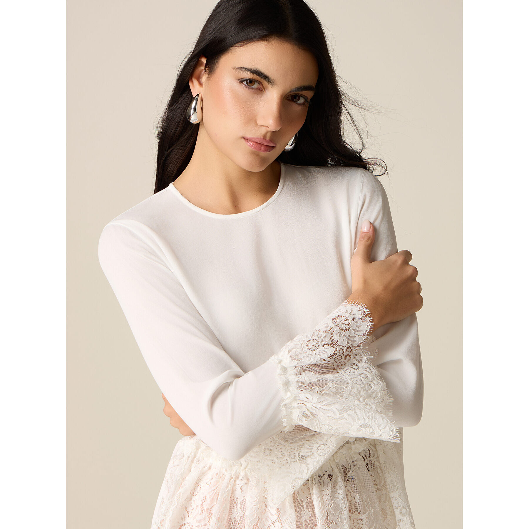 Oltre - Blusa de viscosa con detalles de encaje - Blanco