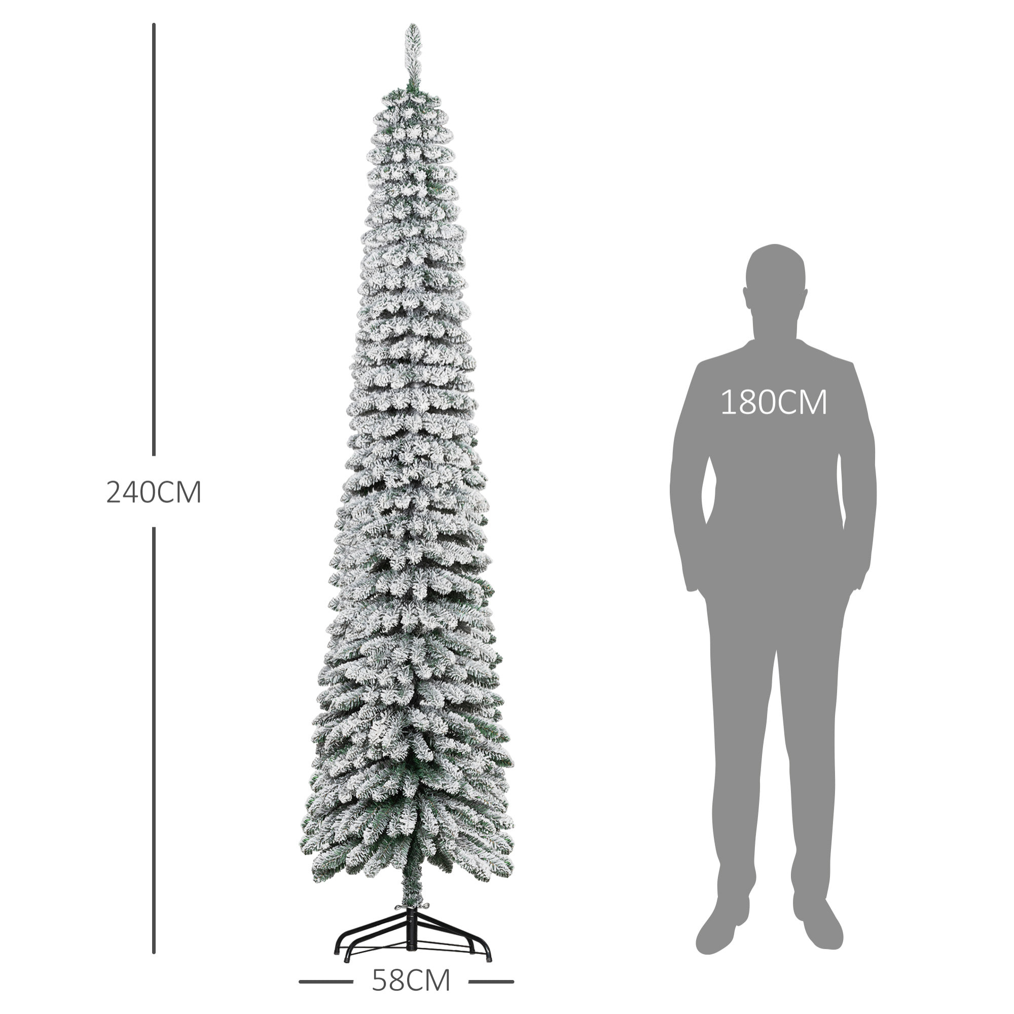 Árbol de Navidad Estrecho 240 cm, Árbol de Navidad Artificial Nevado con 603 Ramas y Soporte de Metal Plegable, Decoración Navideña para Salón, Interior, Verde
