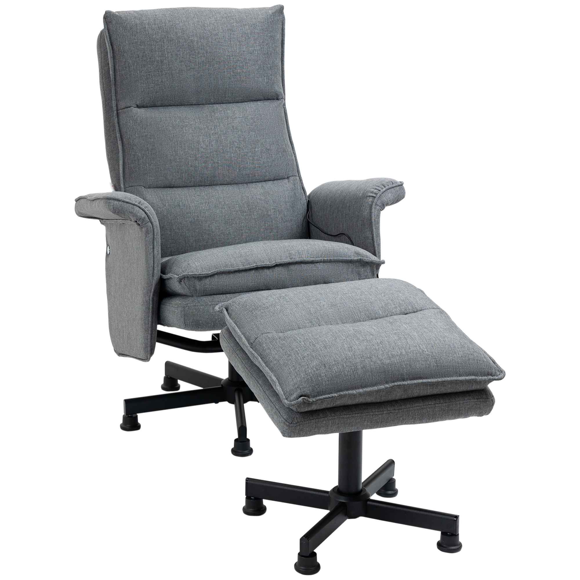 Fauteuil de massage avec repose-pied - style néo-rétro - châssis acier noir aspect lin gris