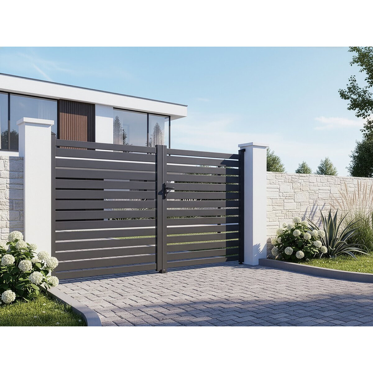 Portail semi-ajouré en aluminium "Julien"- 340 x 140 cm - Gris