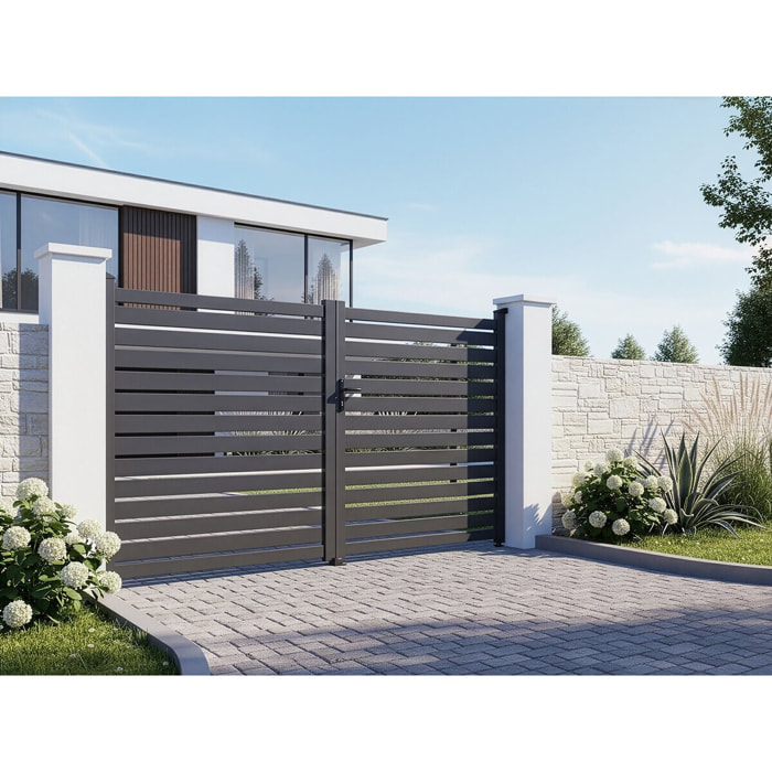 Portail semi-ajouré en aluminium "Julien"- 340 x 140 cm - Gris