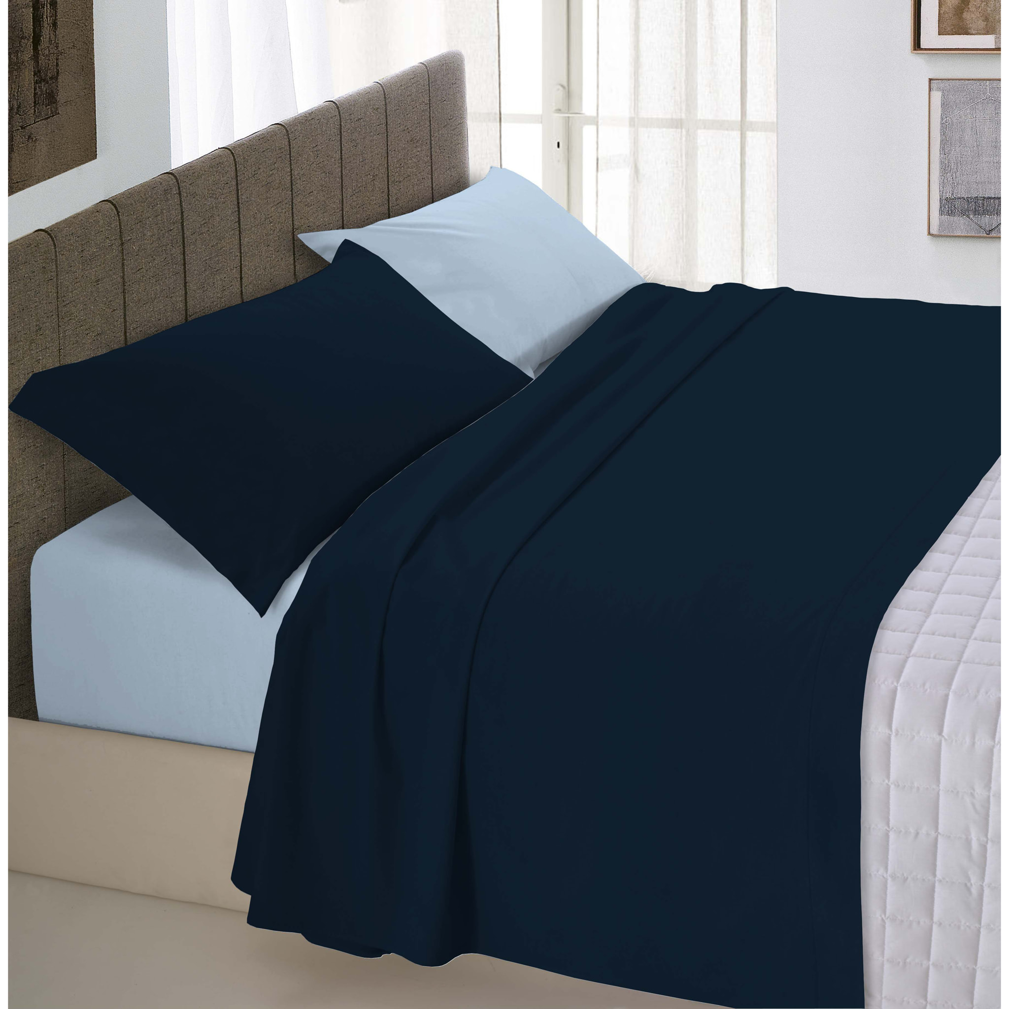 COMPLETO LETTO NATURAL COLOUR MADE IN ITALY COTONE-BLU SCURO/AZZURRO MATRIMONIALE