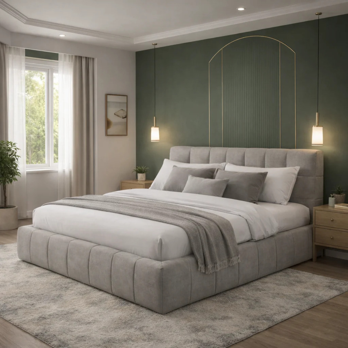 Lit coffre Aneto avec tête de lit en tissu chenille gris