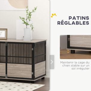 Cage pour chien animaux style industriel - porte coulissante verrouillable - acier noir panneaux aspect bois