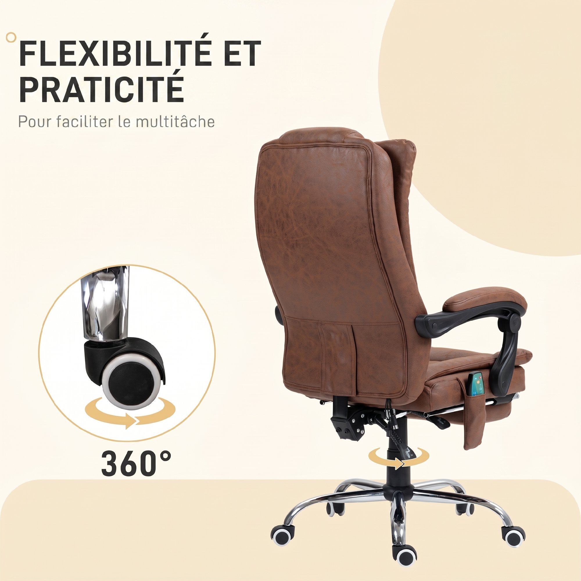 Fauteuil de bureau massant chauffant inclinable repose-pieds rétractable effet cuir vieilli