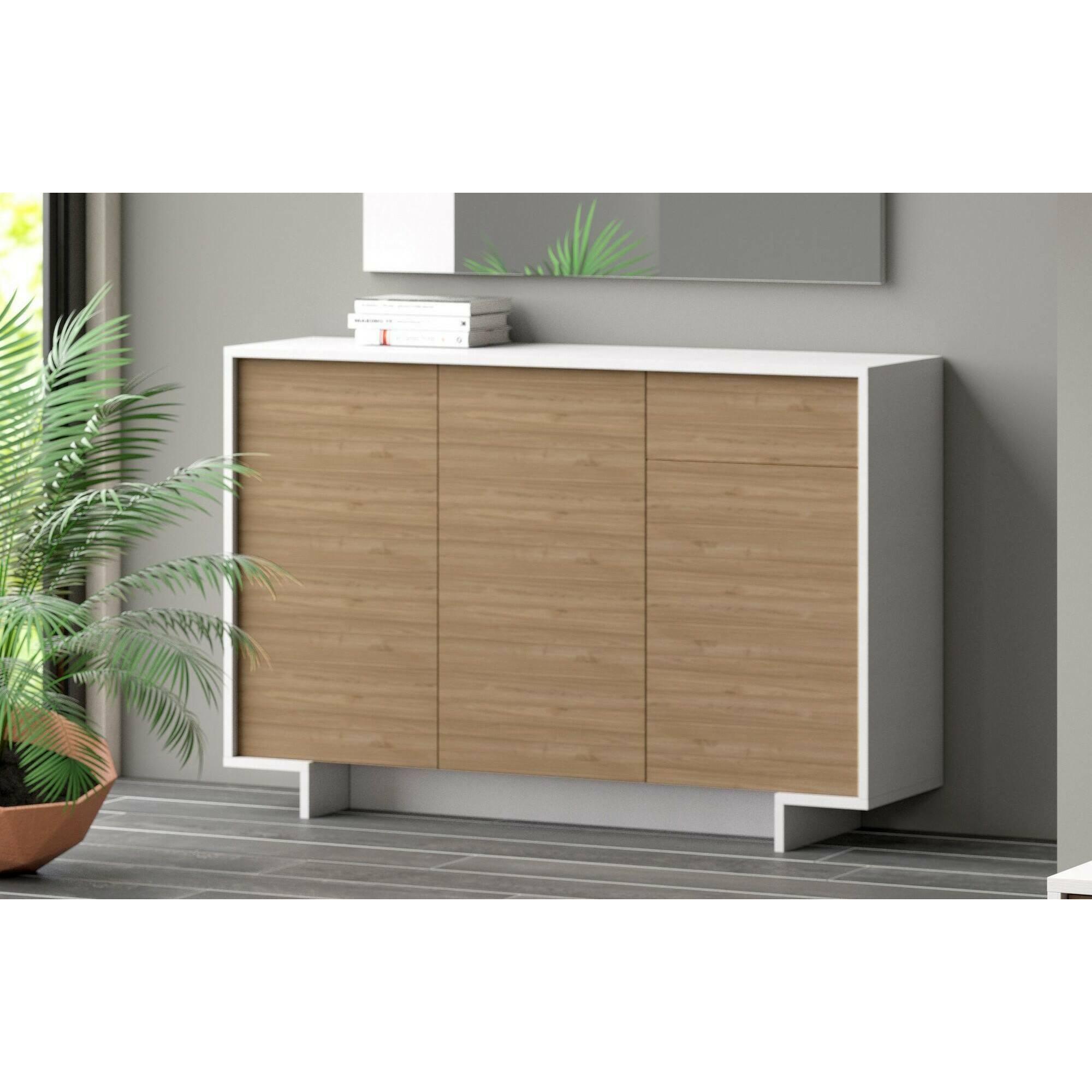 Credenza Dbakayok, Madia da salotto, Buffet da soggiorno a 3 ante e 1 cassetto, 100% Made in Italy, 134x35h87 cm, Bianco e Rovere