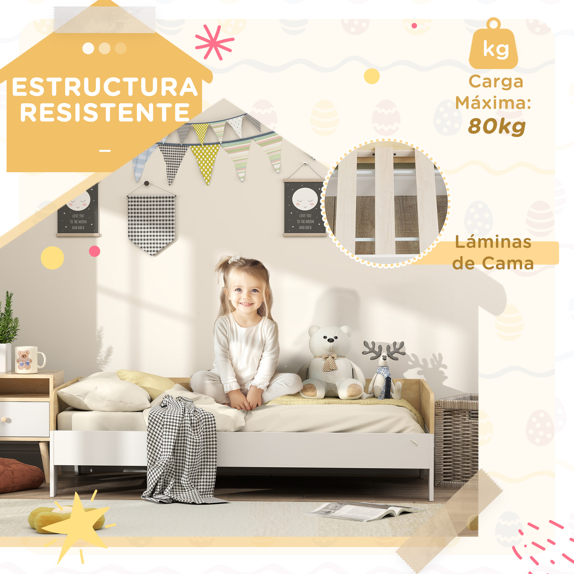 AIYAPLAY Cama para Niños de +3 Años 140x70 cm Cama Infantil de Madera Carga 80 kg para Dormitorio Blanco y Natural