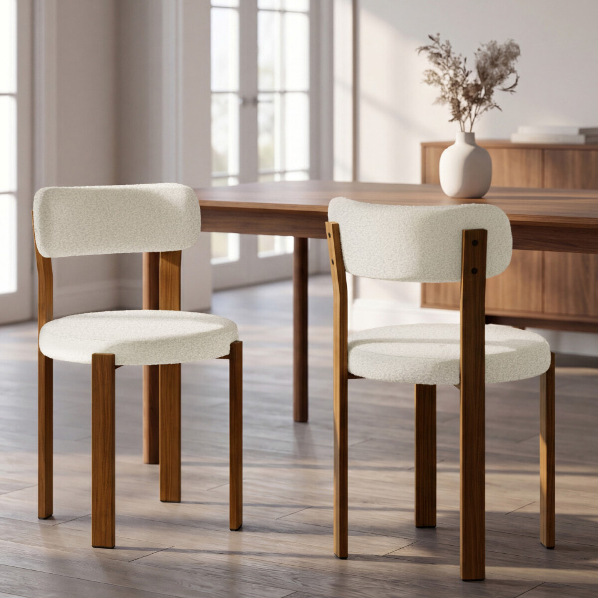 Chaises Ilona bouclette crème pieds effet noyer - lot de 4