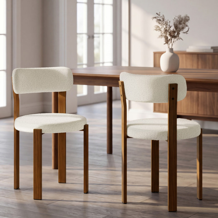 Chaises Ilona bouclette crème pieds effet noyer - lot de 4