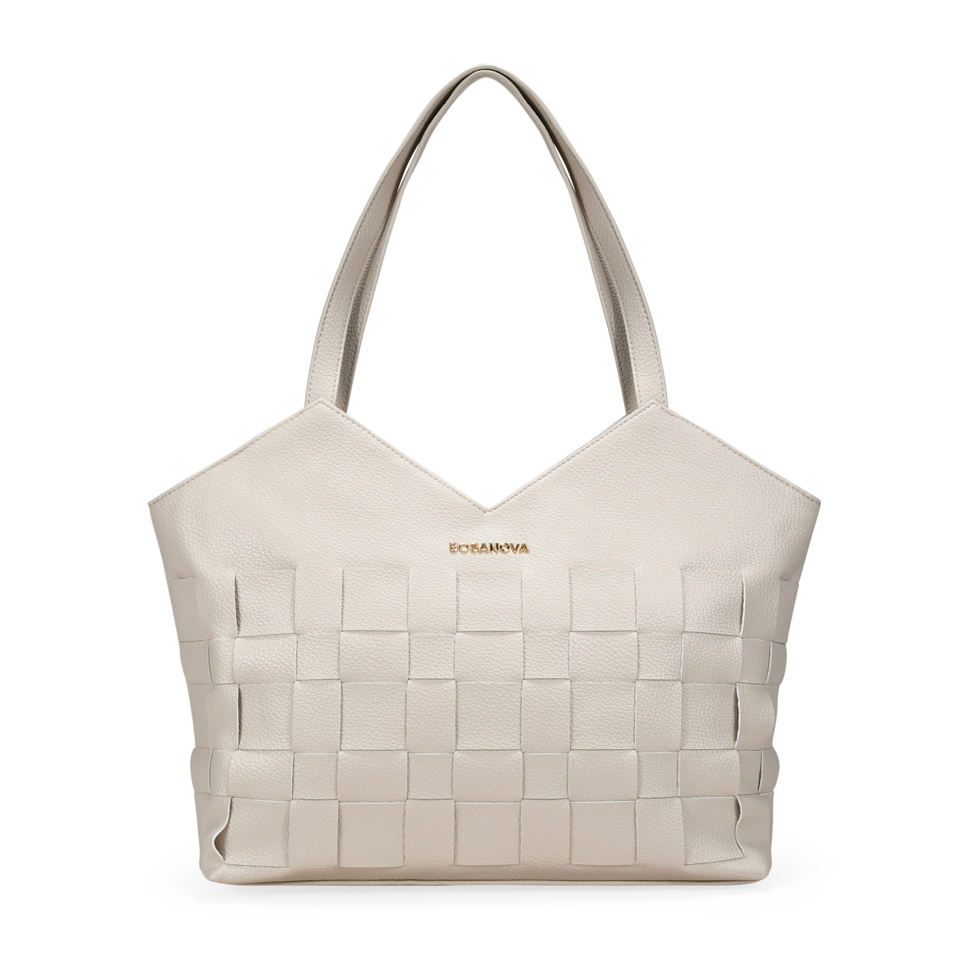 Bolso tote beige con tiras entrelazadas y cremallera