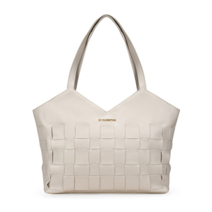 Bolso tote beige con tiras entrelazadas y cremallera