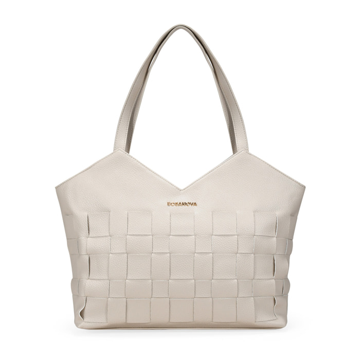 Bolso tote beige con tiras entrelazadas y cremallera