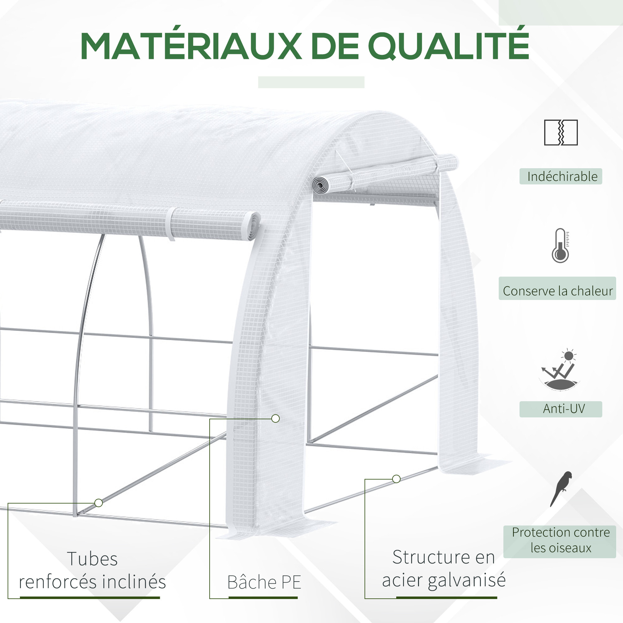 Serre de jardin tunnel 18 m² dim. 5,97L x 3,02l x 2H m - 12 fenêtres, porte zippée enroulable - châssis tubulaire acier galvanisé, bâche PE haute densité blanc