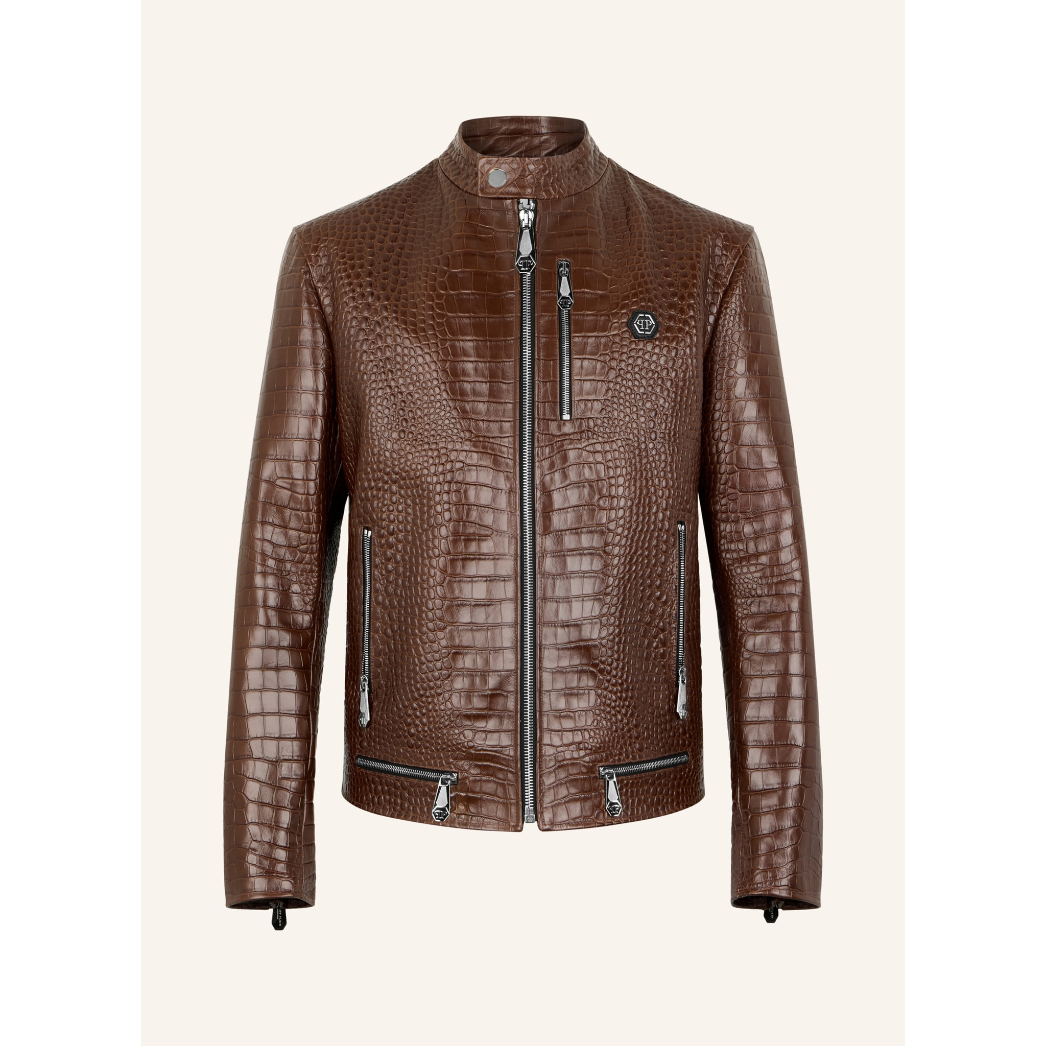 PHILIPP PLEIN Leather Moto Jacket Cocco