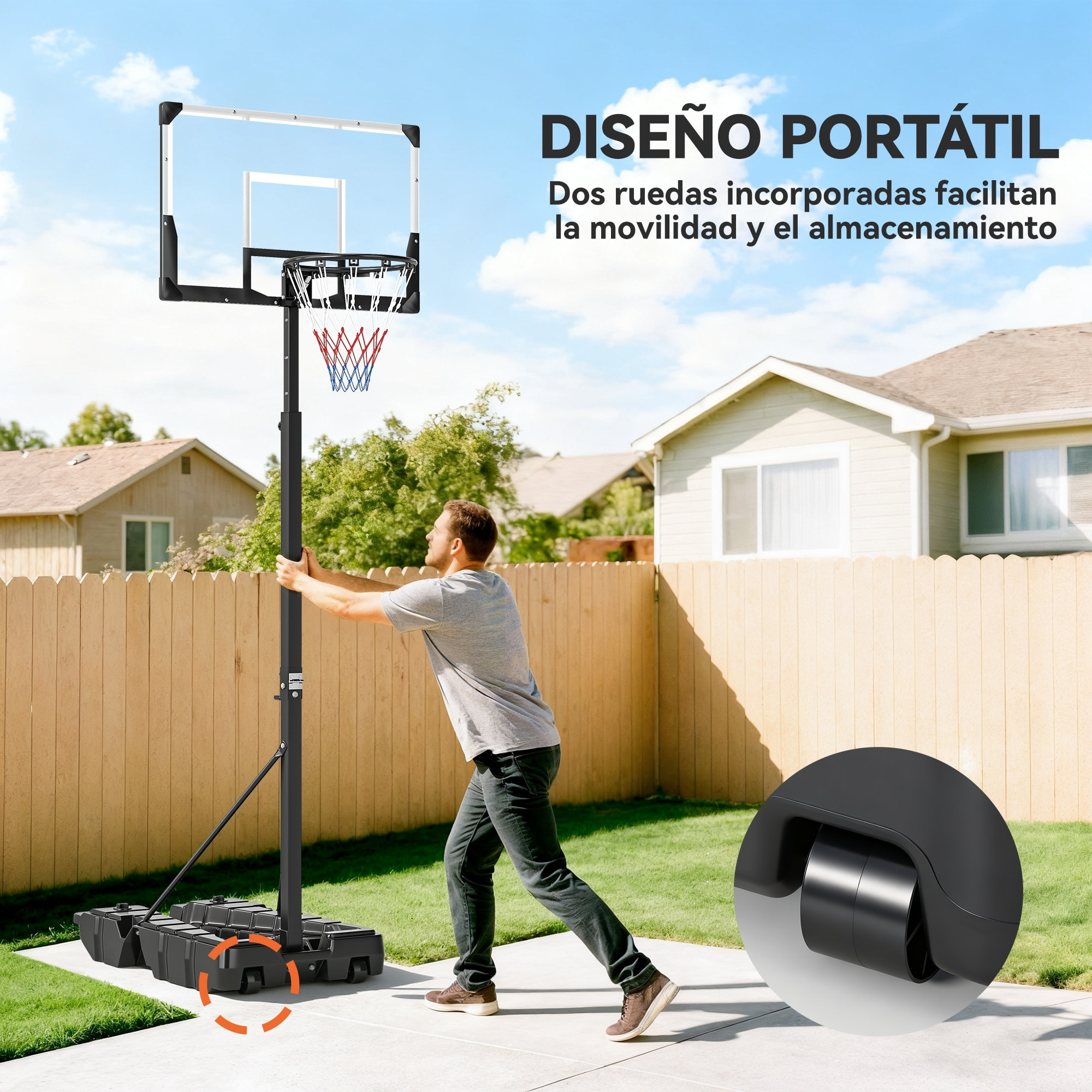 Canasta de Baloncesto para Exterior, Altura Ajustable 230-305 cm, Canasta de Baloncesto Portátil con Marco Plegable, Tablero Irrompible, Ruedas y Base Rellenable, para Adolescentes y Adultos