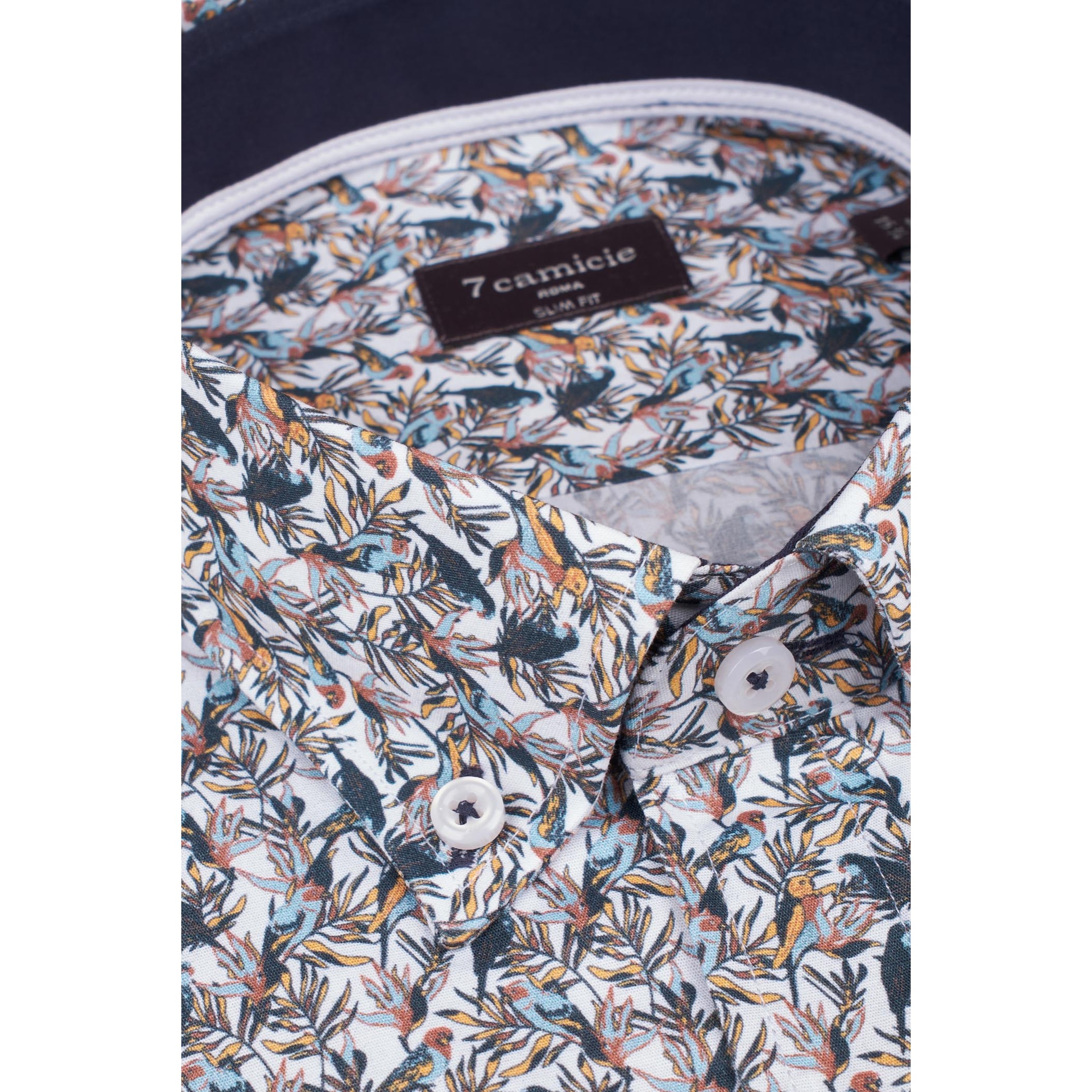 camicia uomo 1 bottone button down slim Popeline Stampato Bianco e Blu