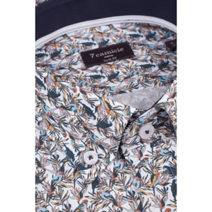camicia uomo 1 bottone button down slim Popeline Stampato Bianco e Blu