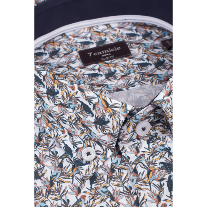 camicia uomo 1 bottone button down slim Popeline Stampato Bianco e Blu