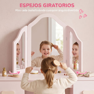 Tocador para Niñas, Tocador de Maquillaje Niñas, 2 en 1, Escritorio, con Taburete, 3 Espejos Desmontables, 2 Cajones, 2 Armarios, 6 Accesorios, a Partir de 3 Años, Rosa