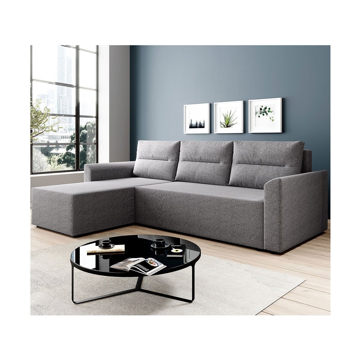 Canapé d'angle Gauche convertible + coffre "Play L" - 3 places - Gris Clair