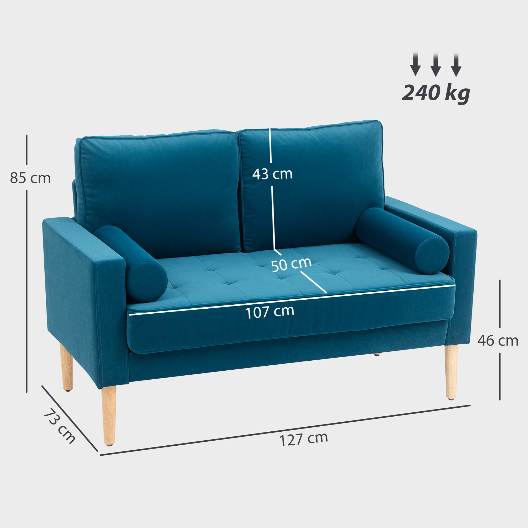 Canapé scandinave 2 places en tissu bleu canard et bois clair